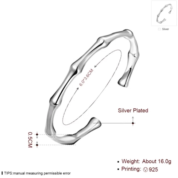 925 STERLING SILVER Plated Bangle BAMBOO Cuff Brac - Picture 6 of 12